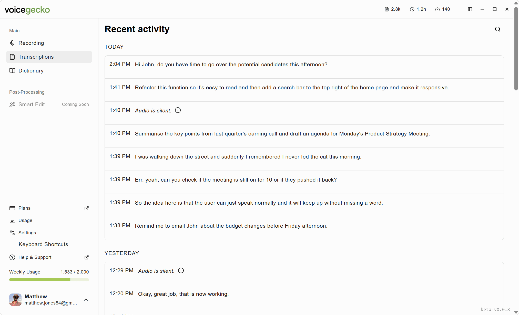VoiceGecko dictation history interface